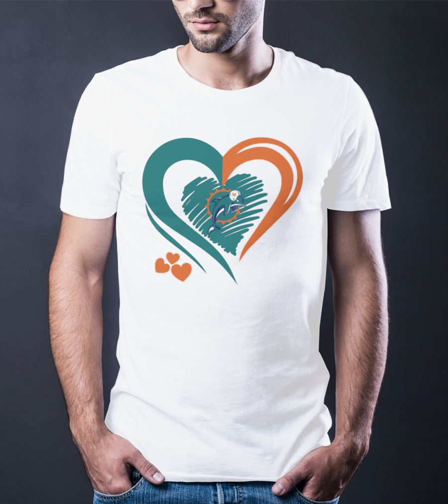 Miami Dolphins Heart Shape Emblem With Three Small Hearts T-Shirt