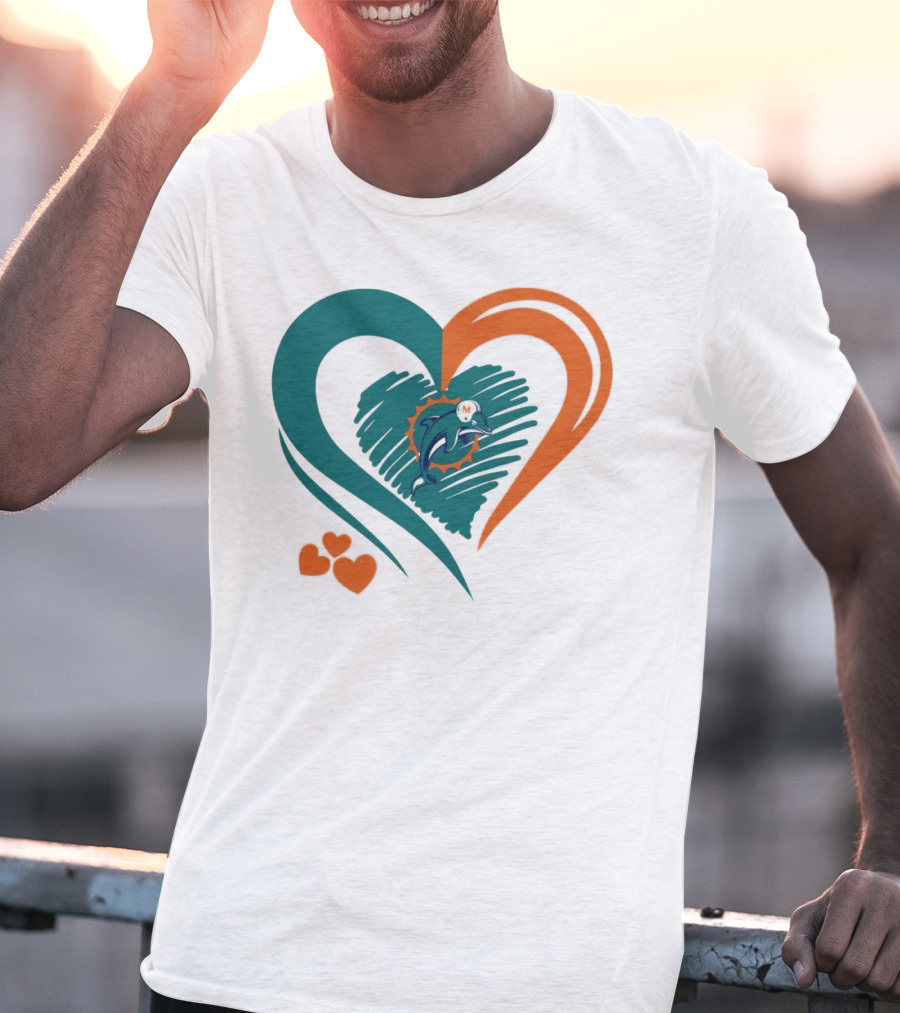 Miami Dolphins Heart Shape Emblem With Three Small Hearts T-Shirt