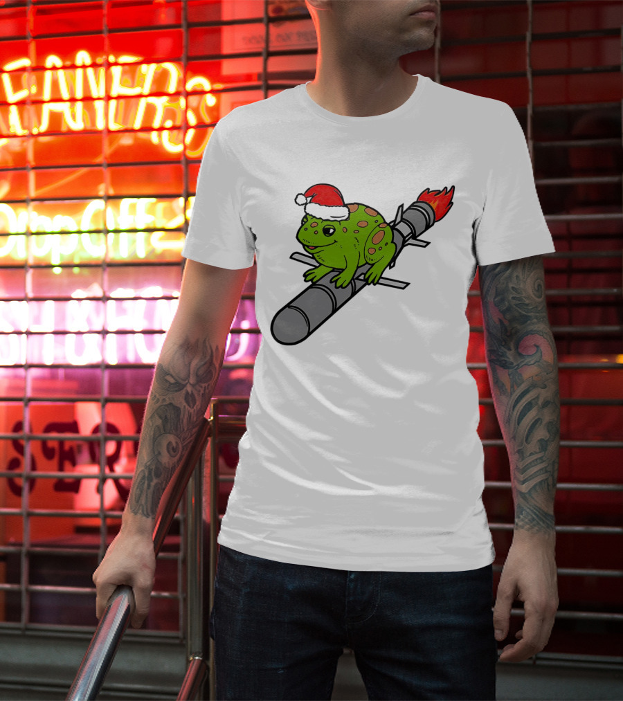 Missile Toad Christmas Frog With Santa Hat Riding A Rocket T-Shirt