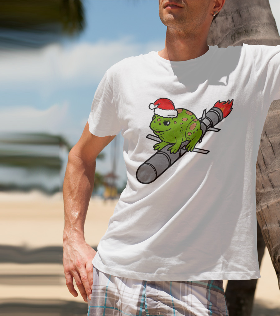 Missile Toad Christmas Frog With Santa Hat Riding A Rocket T-Shirt