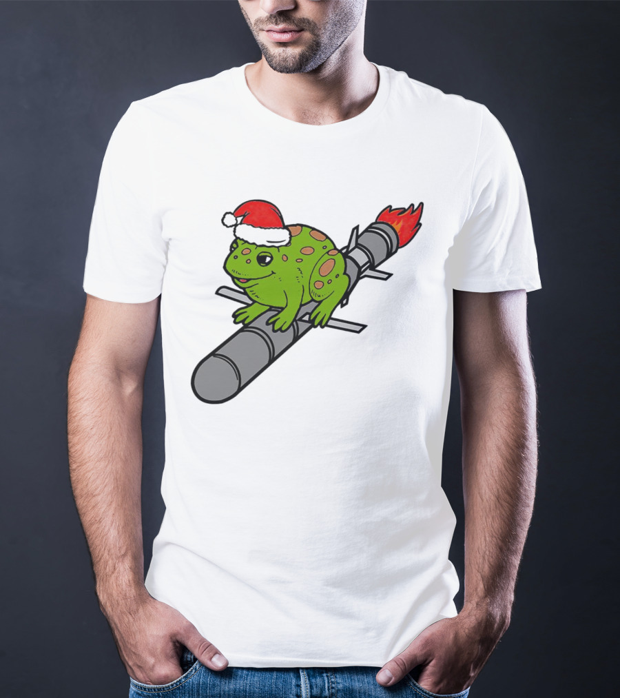 Missile Toad Christmas Frog With Santa Hat Riding A Rocket T-Shirt