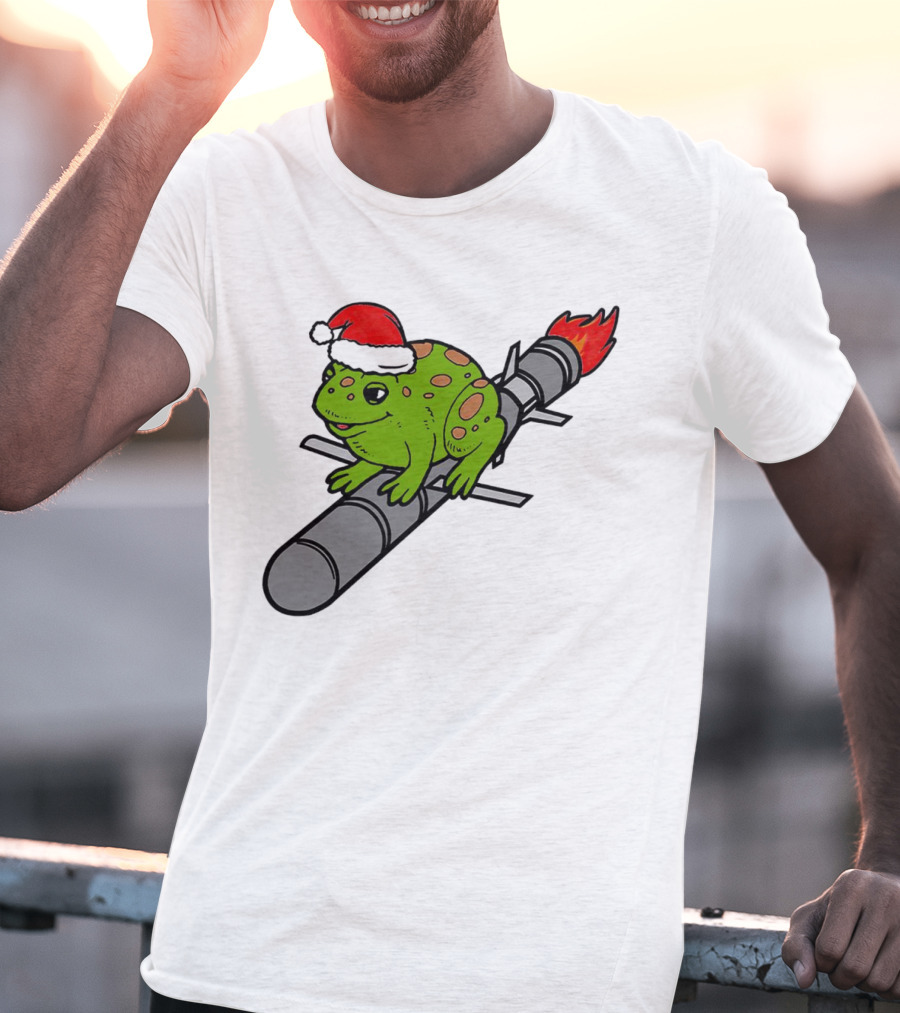 Missile Toad Christmas Frog With Santa Hat Riding A Rocket T-Shirt