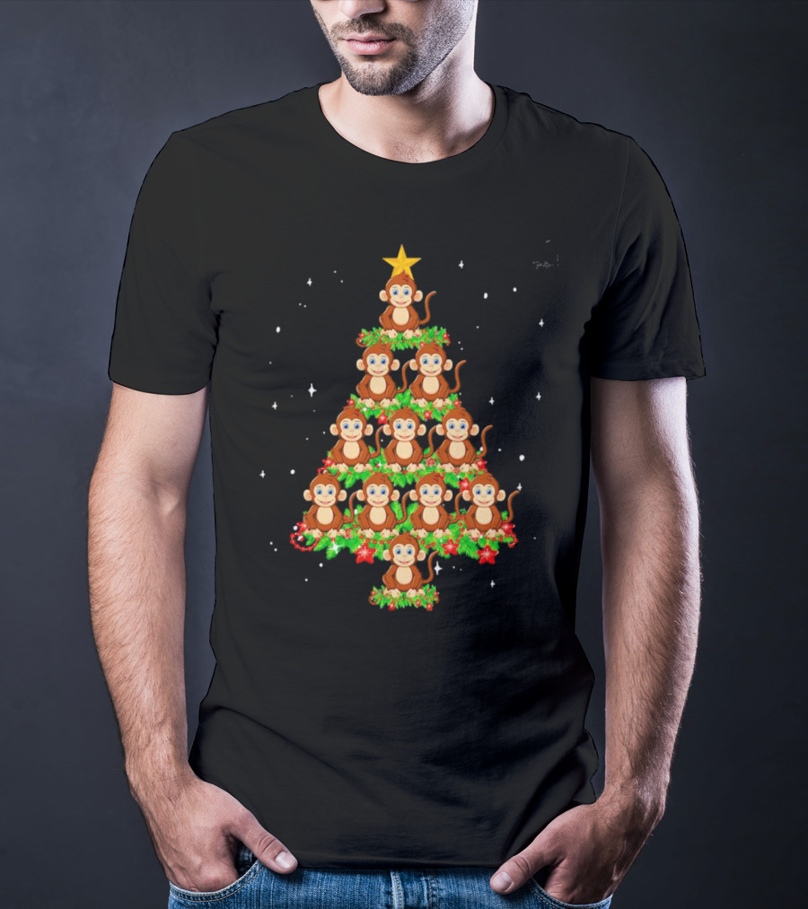 Monkey Christmas Tree Star Top Holiday Decor T-Shirt