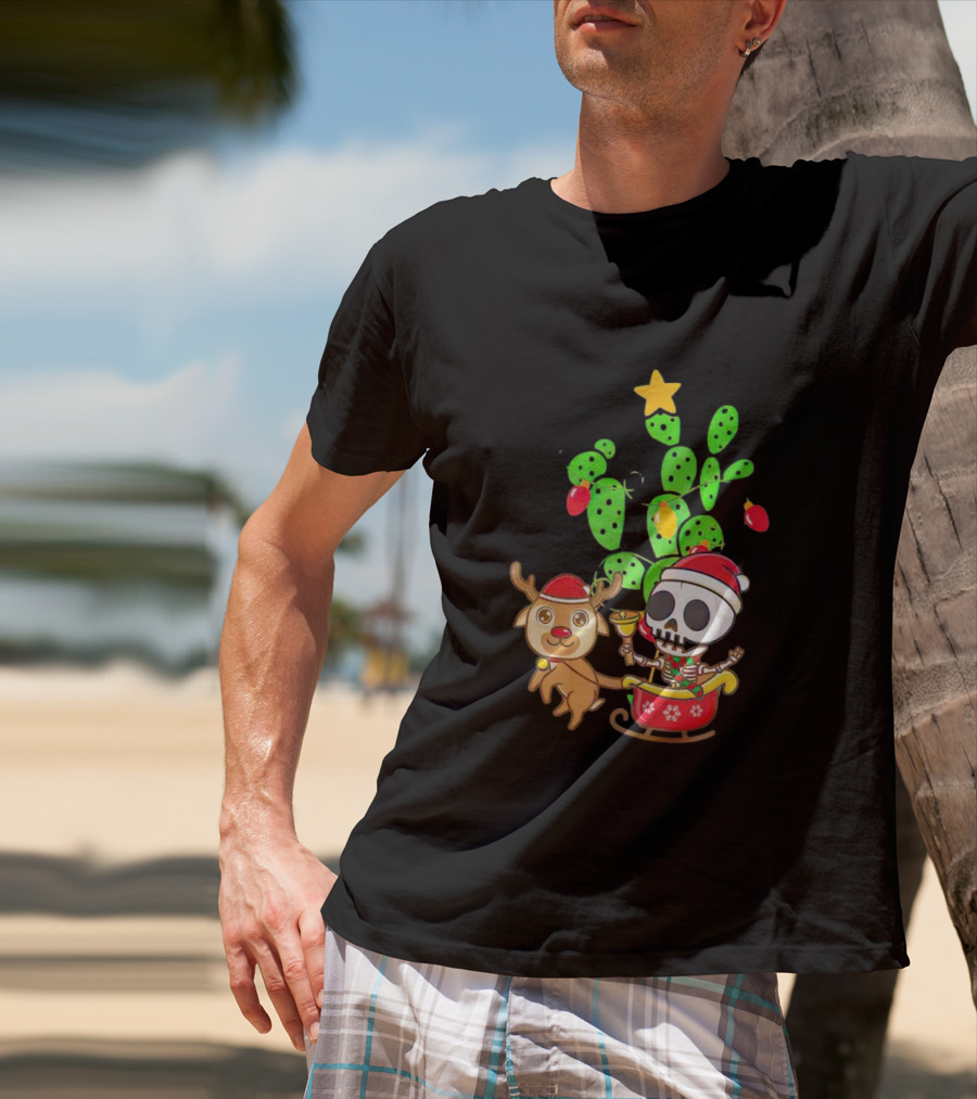 Nopalito Calacas Feliz Navidad Cactus Skeleton Reindeer Christmas T-Shirt