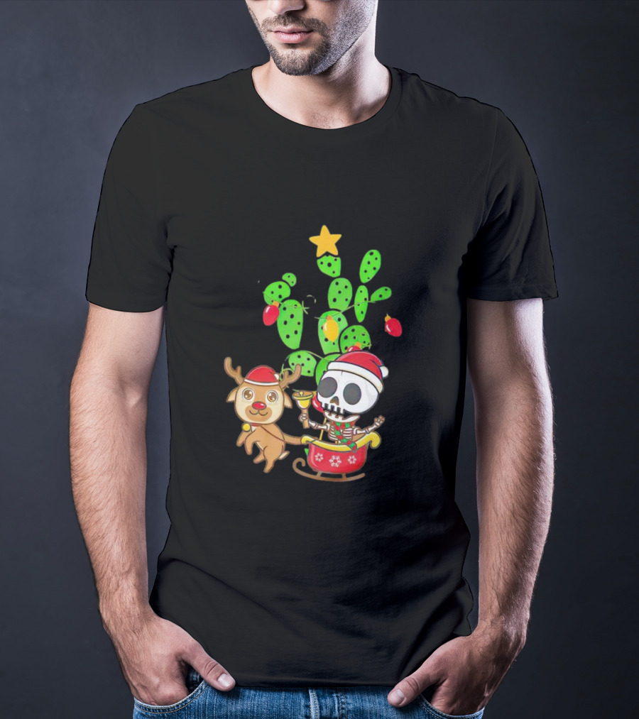 Nopalito Calacas Feliz Navidad Cactus Skeleton Reindeer Christmas T-Shirt