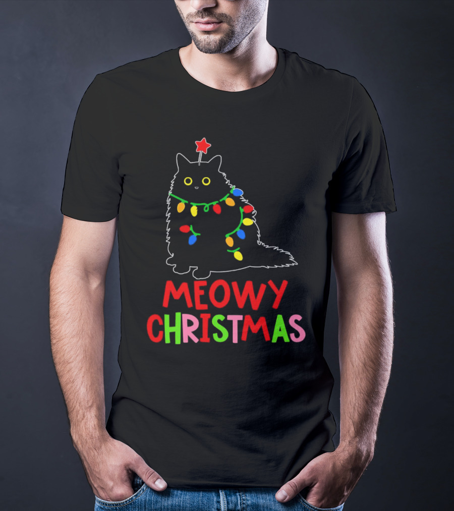 Meowy Christmas Black Cat With Lights T-Shirt