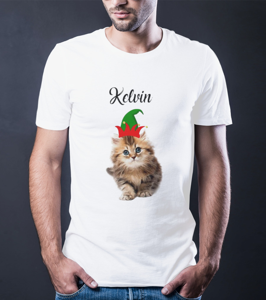 Kelvin Cat Wearing Elf Hat Merry Christmas Custom Name T-Shirt