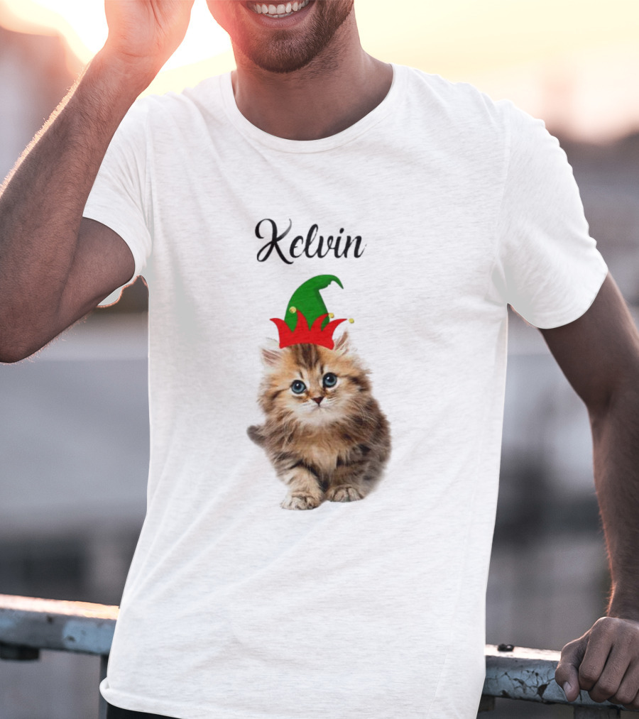 Kelvin Cat Wearing Elf Hat Merry Christmas Custom Name T-Shirt