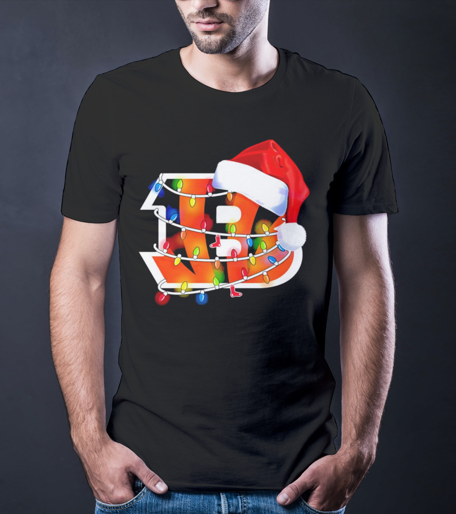 Cincinnati Bengals Christmas Lights Santa Hat Logo Holiday Football T-Shirt