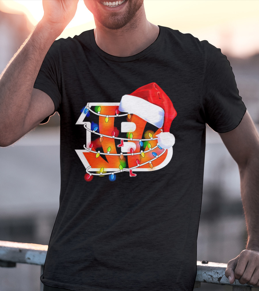 Cincinnati Bengals Christmas Lights Santa Hat Logo Holiday Football T-Shirt