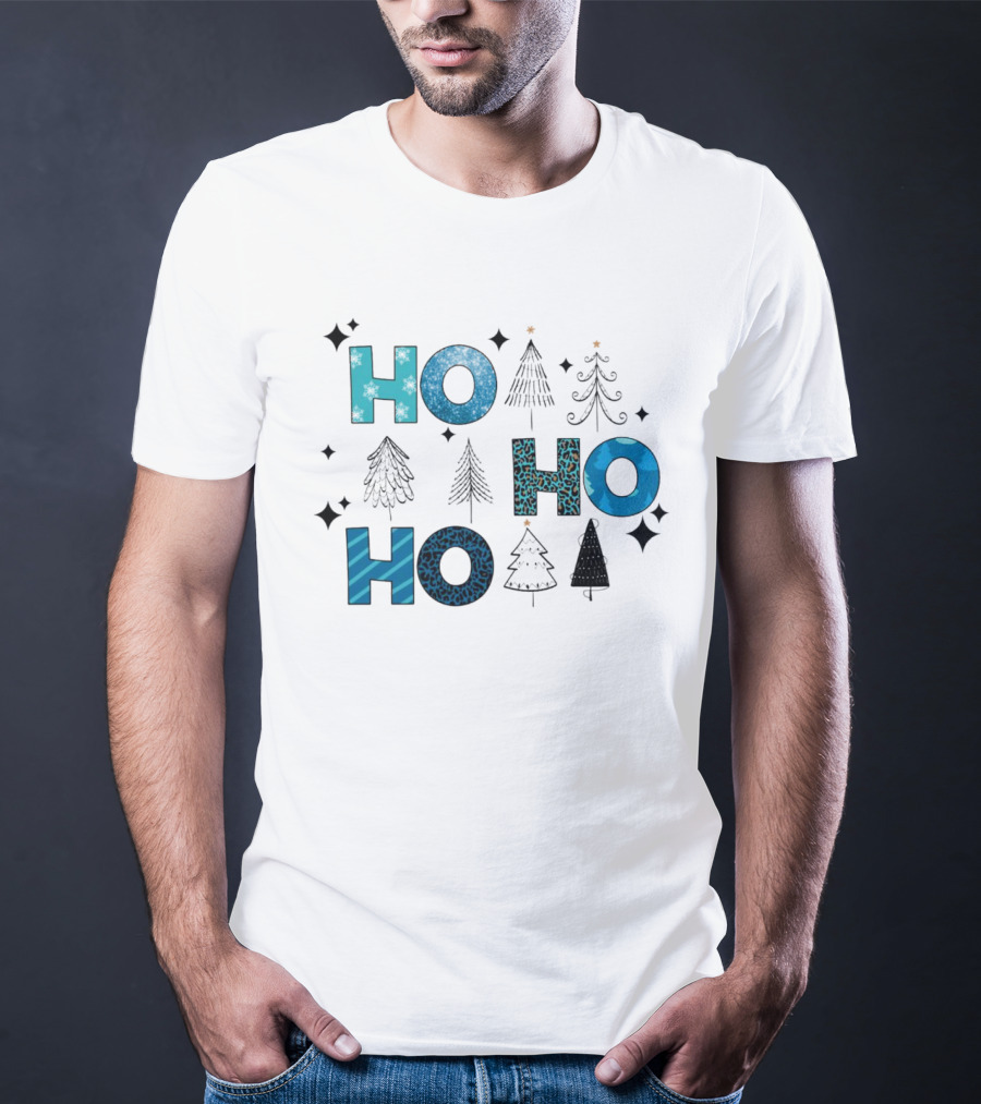 Hohoho Christmas Blue Patterns With Trees And Stars T-Shirt