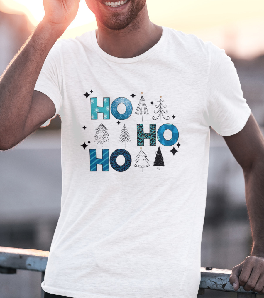 Hohoho Christmas Blue Patterns With Trees And Stars T-Shirt