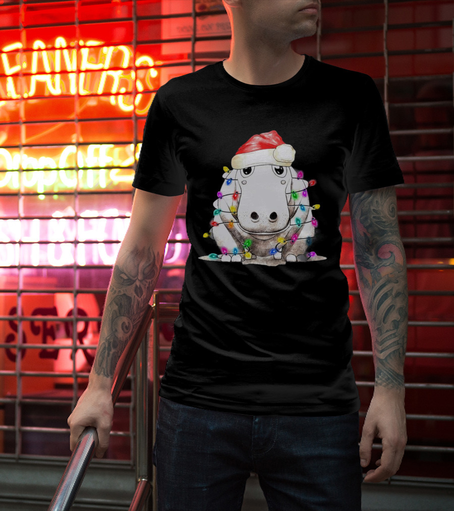 Santa Hippo Wrapped In Christmas Lights With Santa Hat T-Shirt