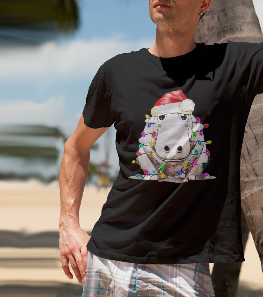 Santa Hippo Wrapped In Christmas Lights With Santa Hat T-Shirt