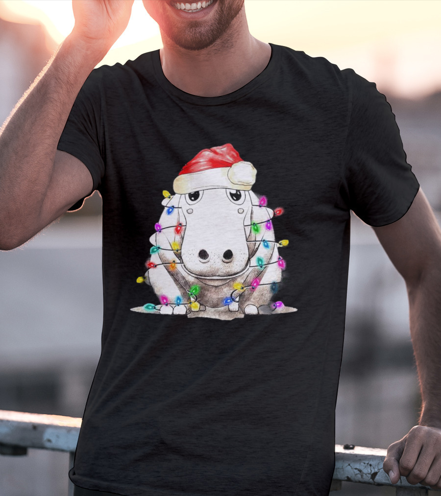 Santa Hippo Wrapped In Christmas Lights With Santa Hat T-Shirt