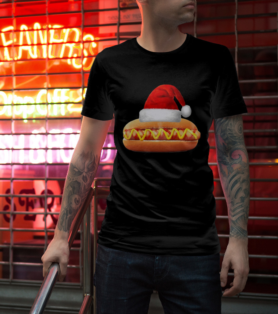 Santa Hat Hot Dog Christmas Family Dinner T-Shirt