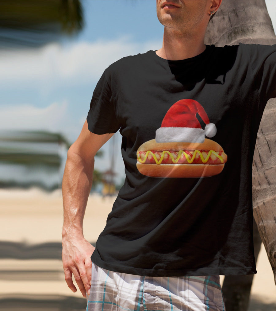 Santa Hat Hot Dog Christmas Family Dinner T-Shirt