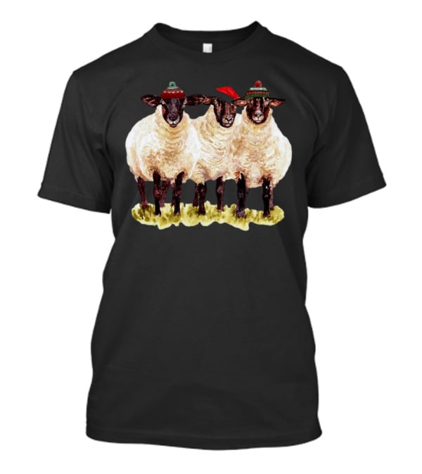 Merry Christmas Santa Sheep Trio With Festive Hats T-Shirt