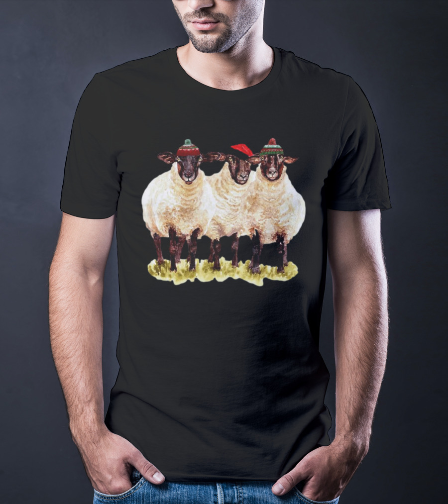 Merry Christmas Santa Sheep Trio With Festive Hats T-Shirt