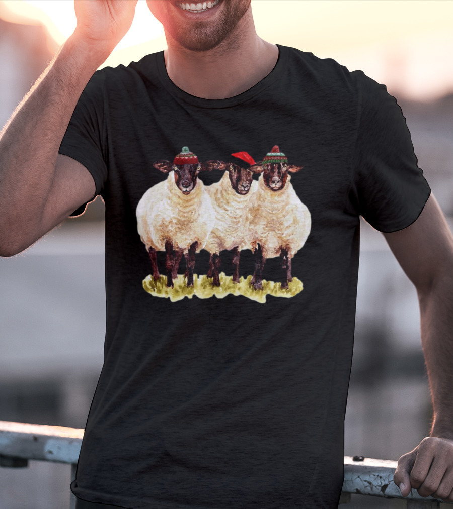 Merry Christmas Santa Sheep Trio With Festive Hats T-Shirt