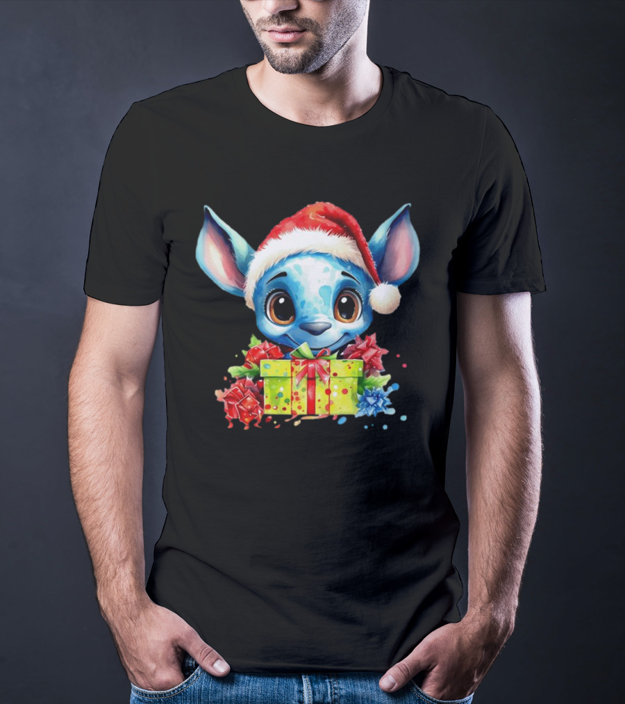 Santa Stitch Holiday Cheer With Christmas Present And Santa Hat T-Shirt