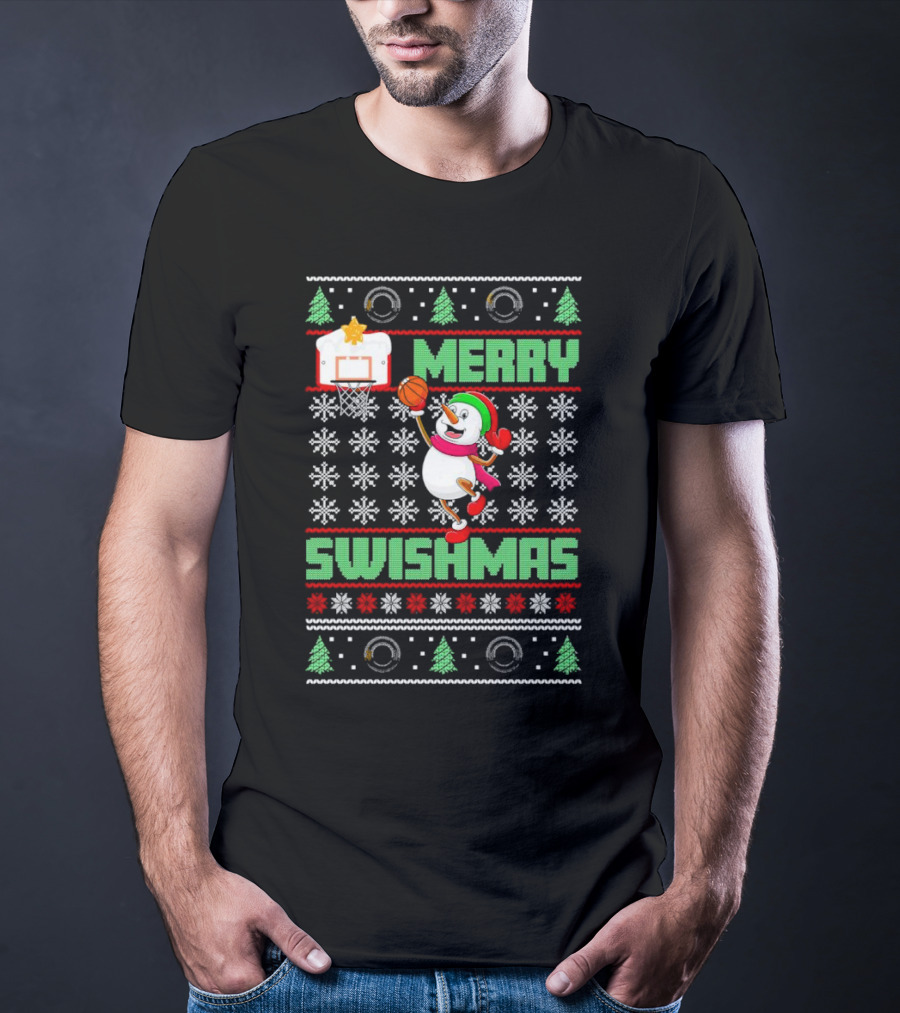 Merry Swishmas Snowman Playing Basketball Holiday T-Shirt