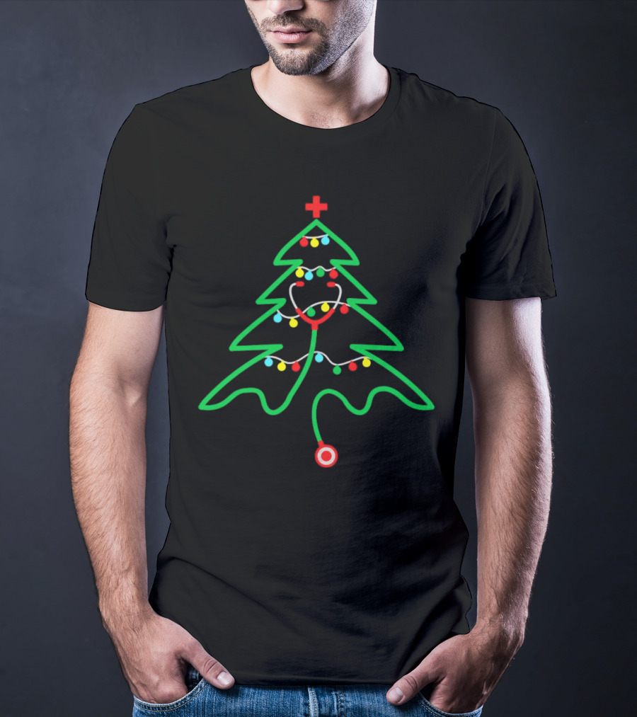 Stethoscope Shaped Christmas Tree With Holiday Lights T-Shirt