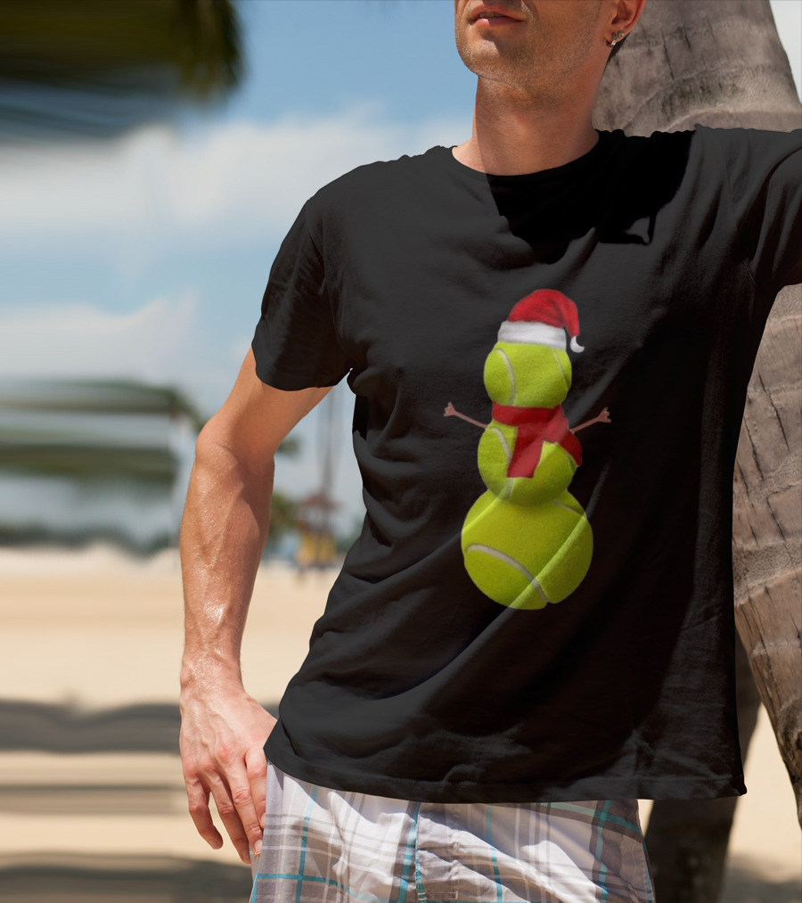 Tennis Ball Snowman With Santa Hat And Scarf Merry Christmas T-Shirt