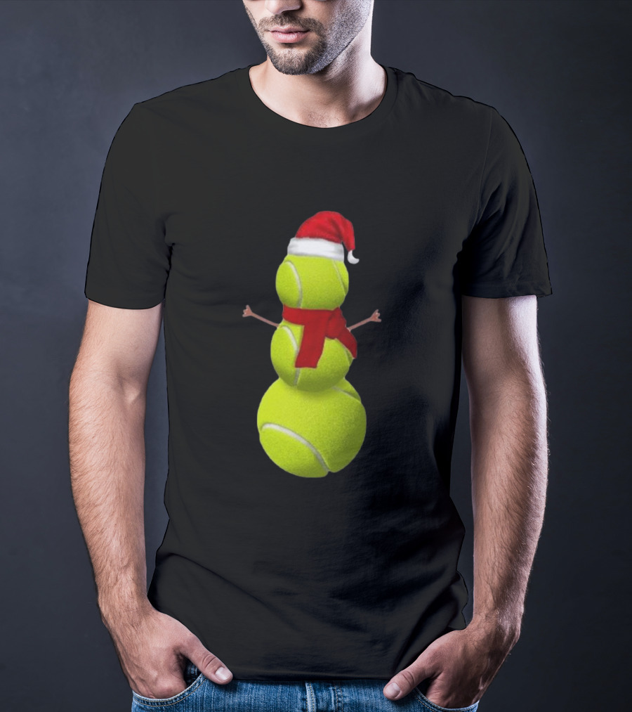Tennis Ball Snowman With Santa Hat And Scarf Merry Christmas T-Shirt