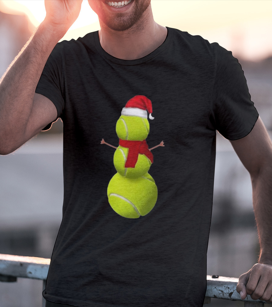 Tennis Ball Snowman With Santa Hat And Scarf Merry Christmas T-Shirt