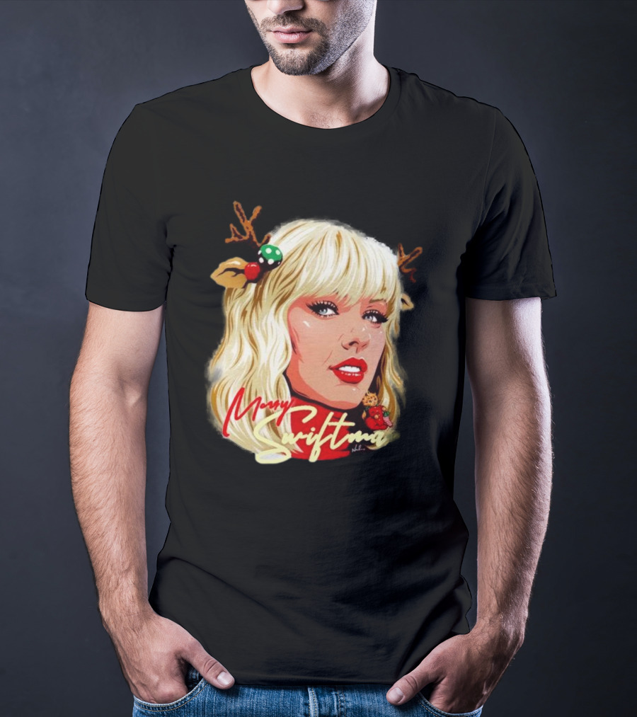 Merry Swiftmas Christmas Reindeer Antlers Bluscious Red Lips Holiday T-Shirt