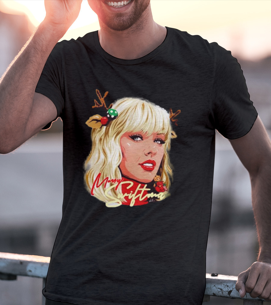 Merry Swiftmas Christmas Reindeer Antlers Bluscious Red Lips Holiday T-Shirt