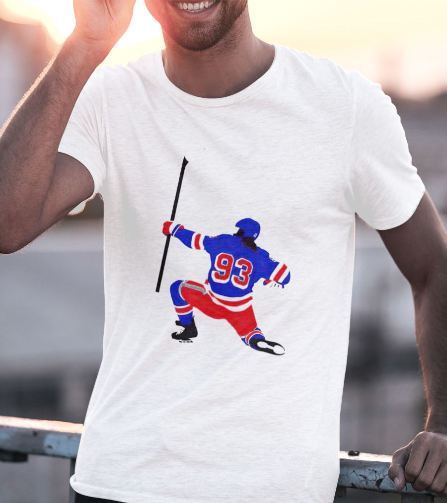 Mika Zibanejad Number 93 Hockey Celebration Iconic Bowing Pose T-Shirt