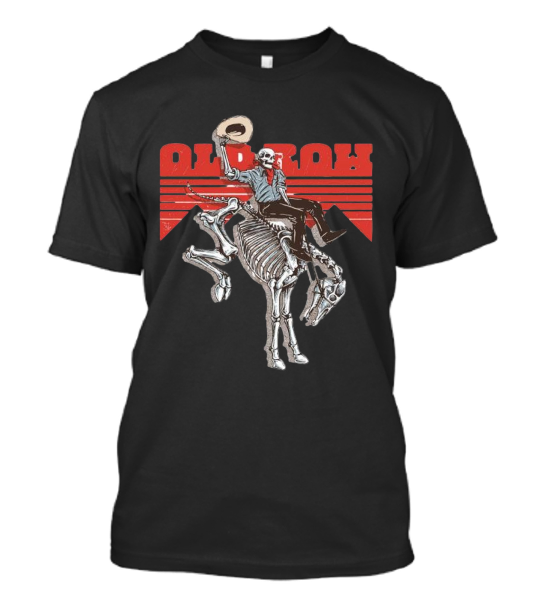 Old Row Skeleton Cowboy Riding A Skeleton Horse With Red Background Stripes T-Shirt