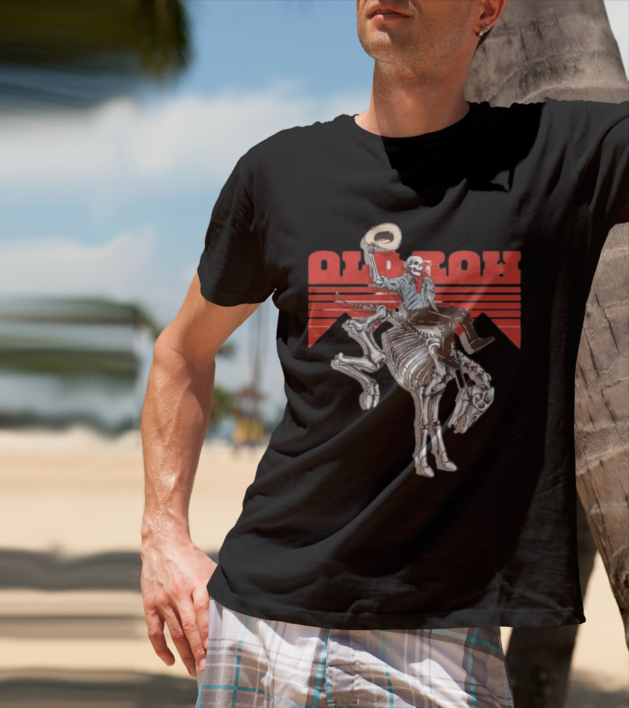 Old Row Skeleton Cowboy Riding A Skeleton Horse With Red Background Stripes T-Shirt