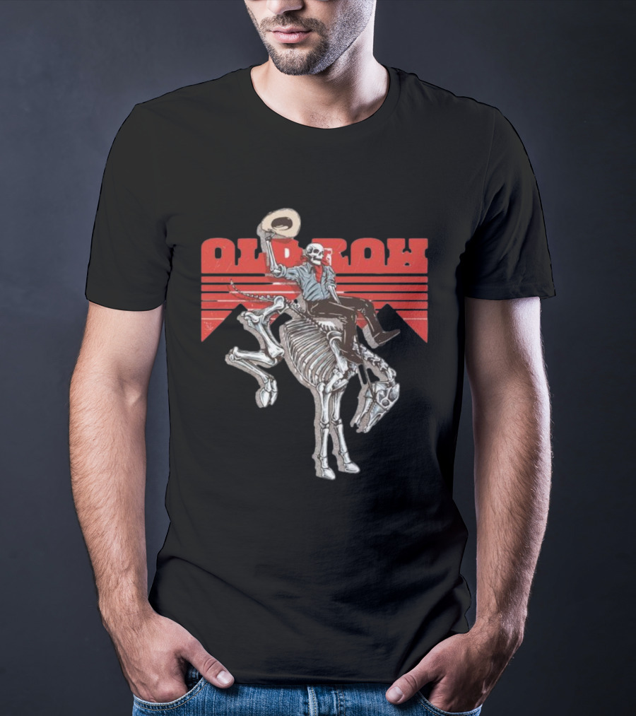 Old Row Skeleton Cowboy Riding A Skeleton Horse With Red Background Stripes T-Shirt