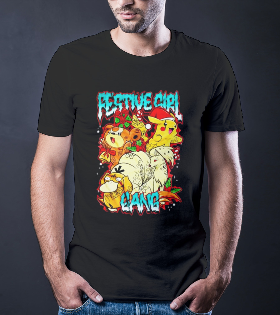 Festive Girl Gang Pokémon Pikachu Psyduck Clefairy Vulpix Christmas T-Shirt
