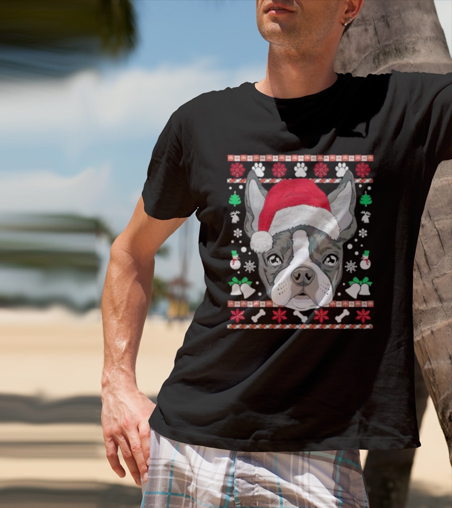 Santa Boston Terrier Ugly Christmas Sweater Paws Bells Snowflakes T-Shirt