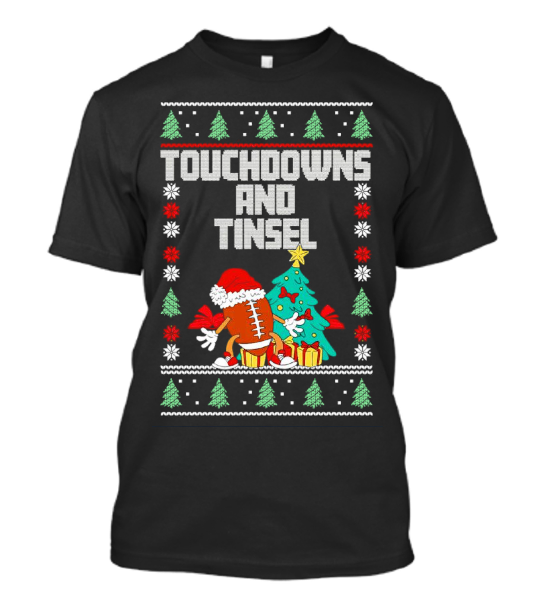 Touchdowns And Tinsel Christmas Football Santa With Tree And Gifts T-Shirt