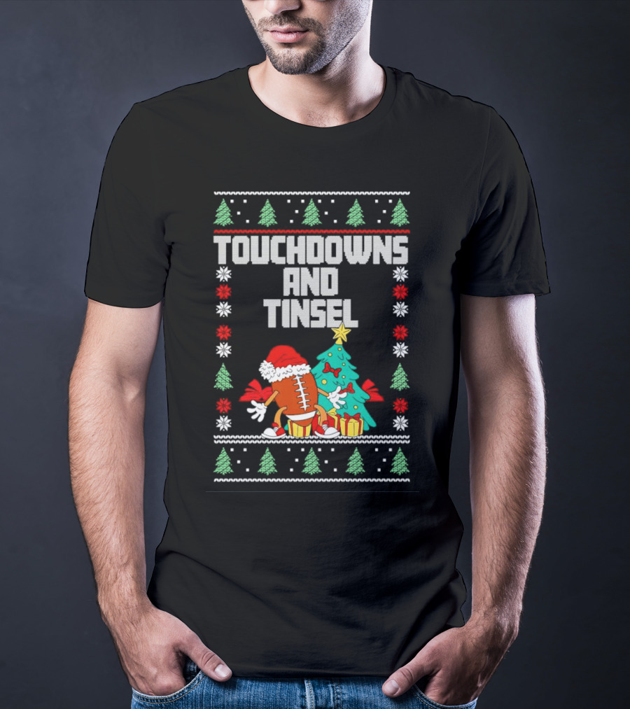 Touchdowns And Tinsel Christmas Football Santa With Tree And Gifts T-Shirt
