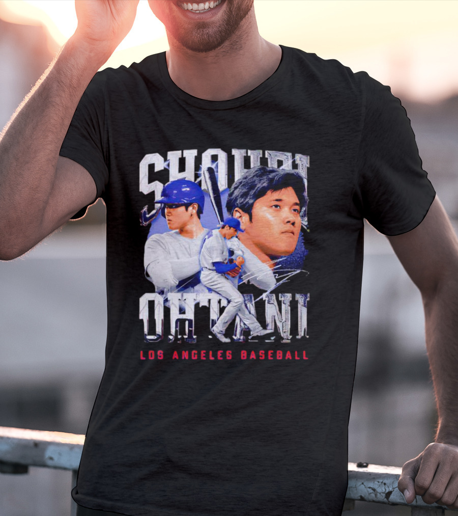 Shohei Ohtani Los Angeles Baseball Player Portrait And Action Scene T-Shirt