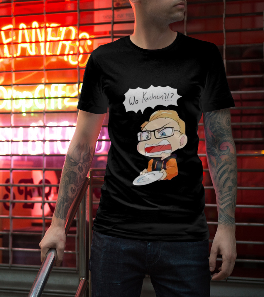 Wo Kuchen Cartoon Character With Glasses Holding A Plate T-Shirt