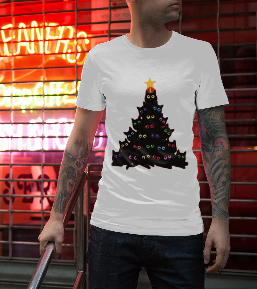 Cat Christmas Tree With Colorful Eyes And Star Top T-Shirt