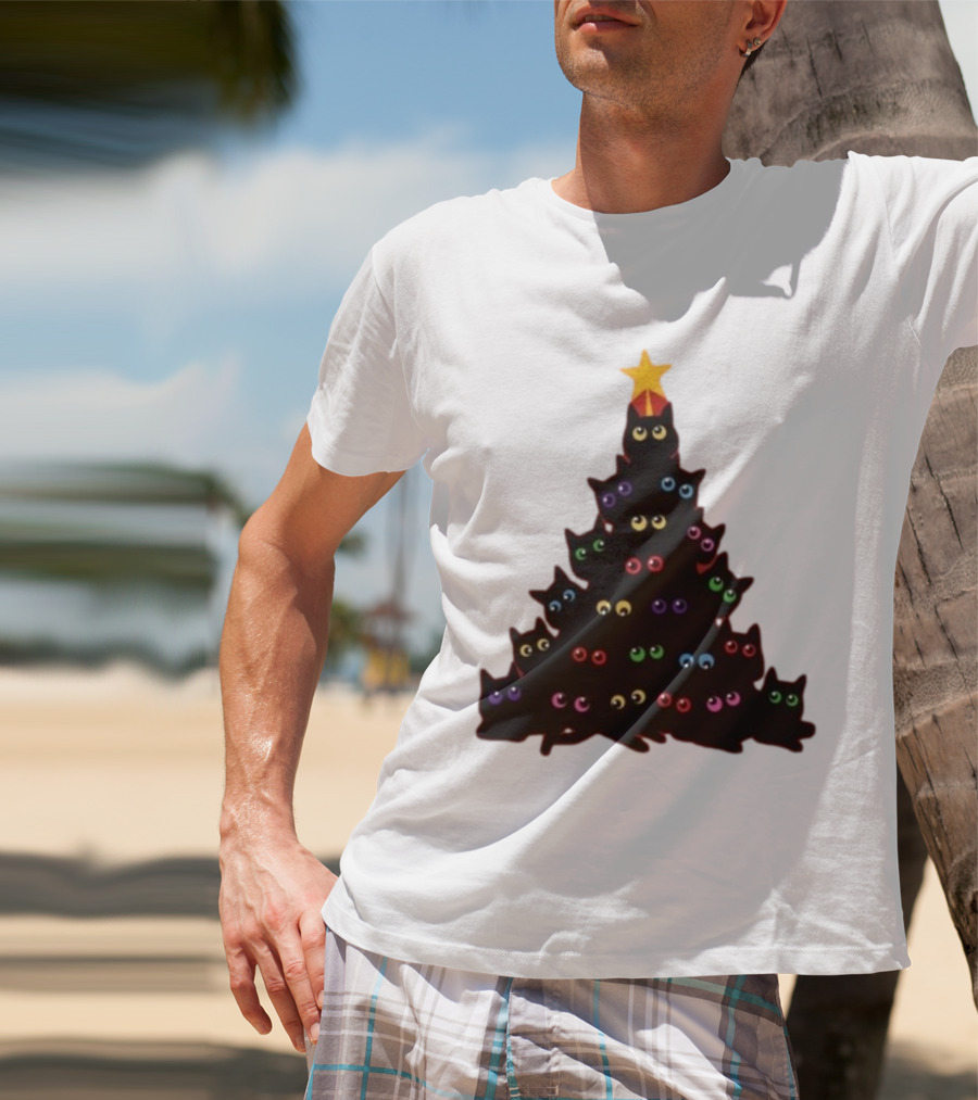 Cat Christmas Tree With Colorful Eyes And Star Top T-Shirt