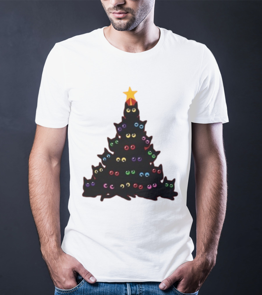 Cat Christmas Tree With Colorful Eyes And Star Top T-Shirt