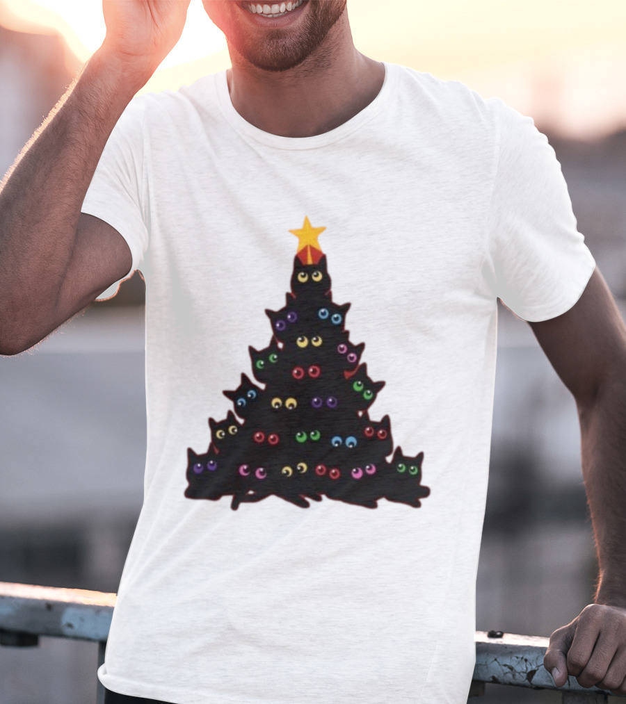 Cat Christmas Tree With Colorful Eyes And Star Top T-Shirt