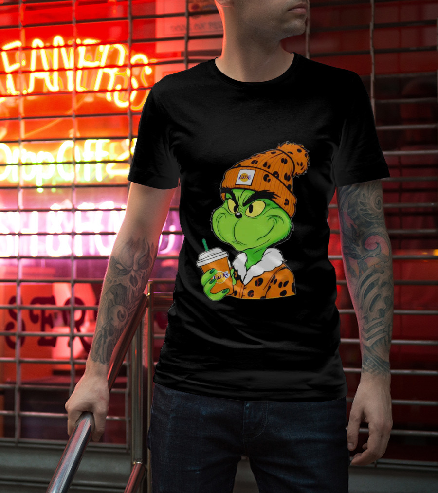 Grinch Drinking Los Angeles Lakers Cup Wearing Beanie T-Shirt