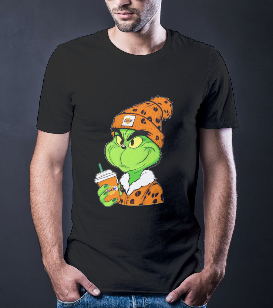 Grinch Drinking Los Angeles Lakers Cup Wearing Beanie T-Shirt
