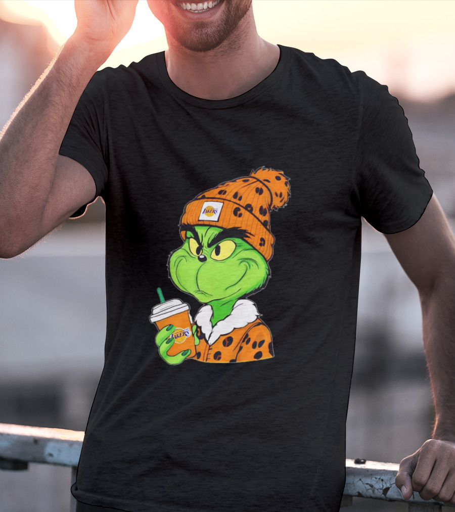 Grinch Drinking Los Angeles Lakers Cup Wearing Beanie T-Shirt