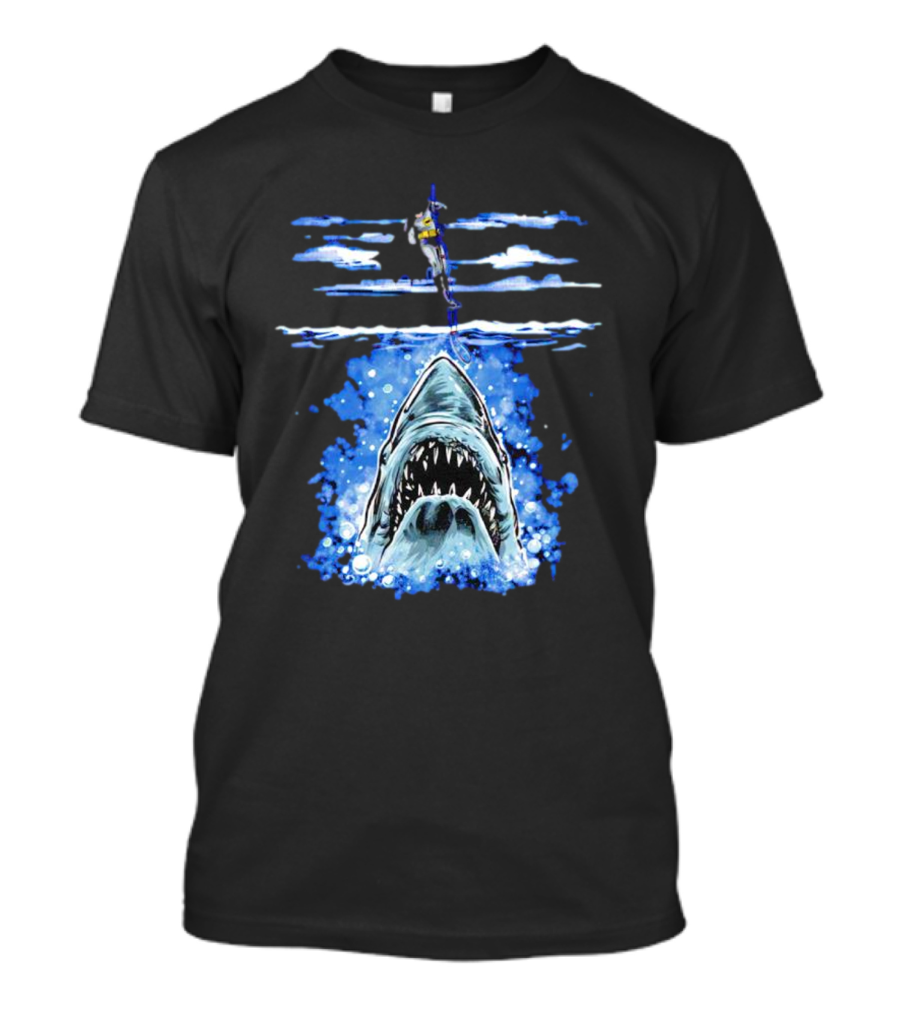 Jaws Batman Shark Repellent Hanging Above Menacing Shark T-Shirt